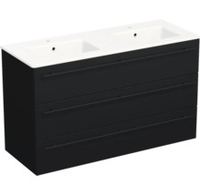Meuble sous-vasque noir avec double vasque blanche, trois tiroirs et poignées.