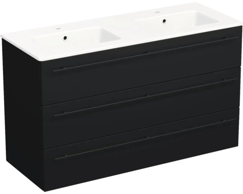 Meuble sous-vasque noir avec double vasque blanche, trois tiroirs et poignées.