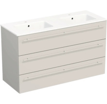Double lavabo avec meuble sous-vasque beige et trois tiroirs avec poignées bâtons
