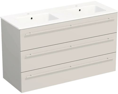 Double lavabo avec meuble sous-vasque beige et trois tiroirs avec poignées bâtons