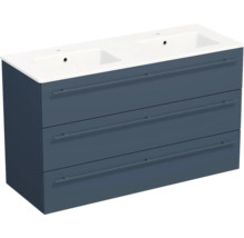 Meuble sous-vasque double avec trois tiroirs et double vasque blanche, bleu foncé.