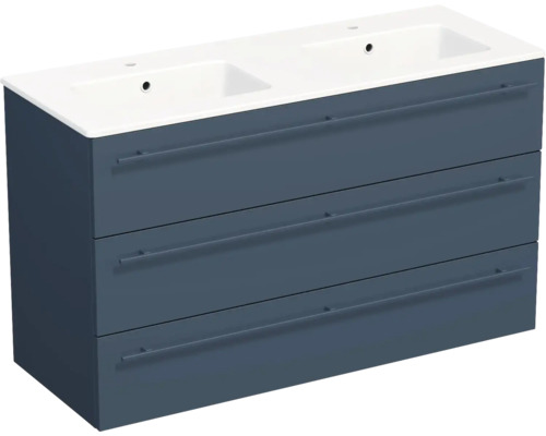 Meuble sous-vasque double avec trois tiroirs et double vasque blanche, bleu foncé.