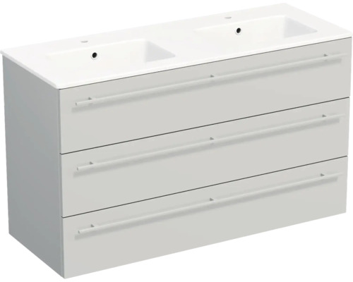 Double vasque avec meuble sous-vasque et trois tiroirs avec poignées fines.