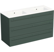 Meuble sous-vasque avec double vasque et trois tiroirs, vert foncé.