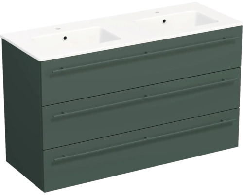 Meuble sous-vasque avec double vasque et trois tiroirs, vert foncé.