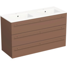 Meuble sous-vasque double avec deux vasques et trois tiroirs avec de longues poignées.