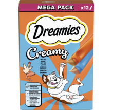 Friandises pour chats Dreamies Creamy Mega Pack de 12 sachets aux saveurs poulet et saumon, sans arômes ni colorants artificiels.
