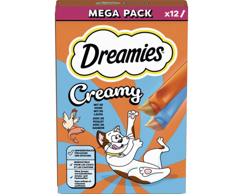 Friandises pour chats Dreamies Creamy Mega Pack de 12 sachets aux saveurs poulet et saumon, sans arômes ni colorants artificiels.
