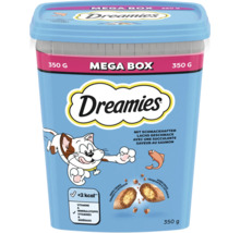 Friandises pour chats Dreamies Mega Box goût saumon, 350 grammes, contient des vitamines et minéraux, moins de 2 kilocalories par pièce.