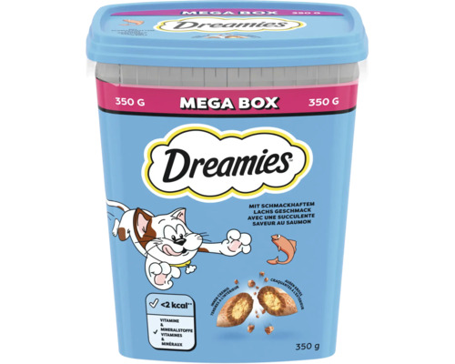 Friandises pour chats Dreamies Mega Box goût saumon, 350 grammes, contient des vitamines et minéraux, moins de 2 kilocalories par pièce.