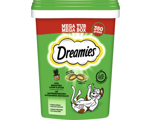 Friandises pour chats Dreamies à la cataire dans une boîte résistante aux griffes, 350 grammes.