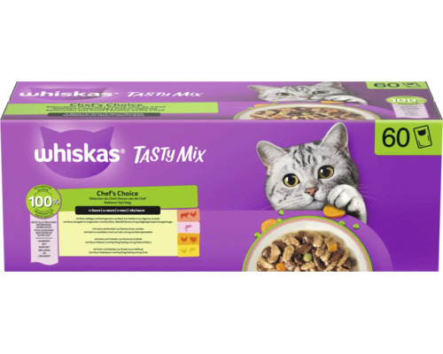 Whiskas Tasty Mix Chef's Choice Katzenfutter in Sauce, Vorratspackung mit 60 Portionsbeuteln, 100 Prozent hochwertige Zutaten.
