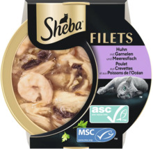 Sheba Filets Katzenfutter mit Huhn, Garnelen und Meeresfisch, Fleischstücke in Gelee, Sheba Logo, Siegel für nachhaltige Fischerei und Aquakultur.