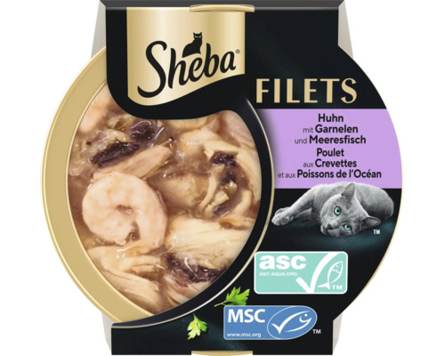 Sheba Filets Katzenfutter mit Huhn, Garnelen und Meeresfisch, Fleischstücke in Gelee, Sheba Logo, Siegel für nachhaltige Fischerei und Aquakultur.