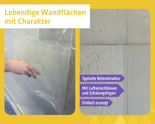 Wandgestaltung in Betonoptik mit Lufteinschlüssen und Schalungsfugen durch Abziehen einer Folie.