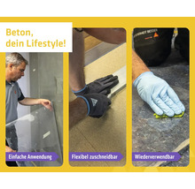 Verarbeitung von flexibler Wandverkleidung in Betonoptik: Einfaches Anbringen an der Wand, Zuschneiden und Reinigen der Oberfläche mit einem Schwamm.