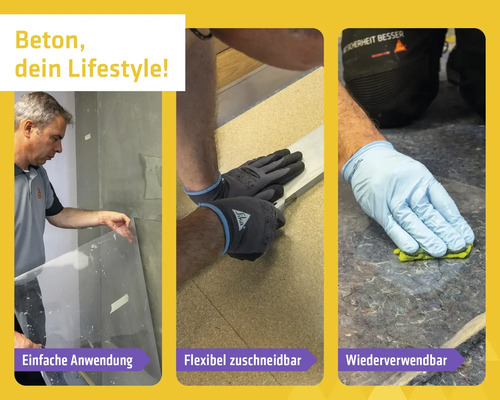 Verarbeitung von flexibler Wandverkleidung in Betonoptik: Einfaches Anbringen an der Wand, Zuschneiden und Reinigen der Oberfläche mit einem Schwamm.