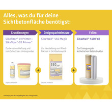 Übersicht der Produkte für Sichtbetonflächen: Sika Grundierungen, SikaWall-550 Magic Designspachtelmasse und SikaWall-550 Folie für Betonoptik.