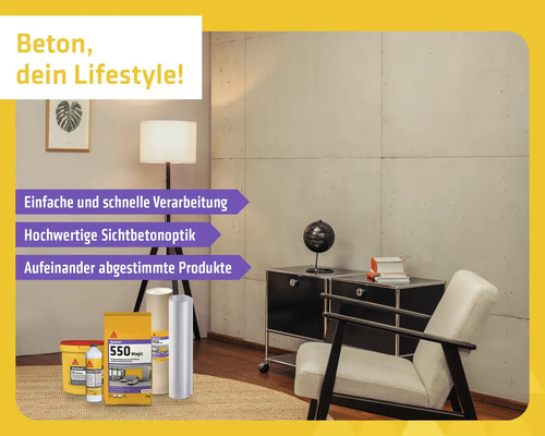Modern gestalteter Wohnraum mit einer Wand in Sichtbetonoptik, einem Sessel und einem Sideboard. Im Vordergrund sind verschiedene Sika-Produkte.