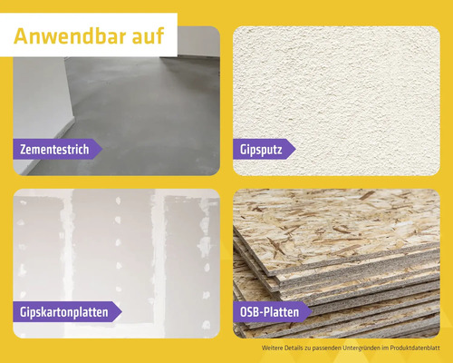 Geeignet für Zementestrich, Gipsputz, Gipskartonplatten und OSB-Platten.