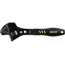 Verstellbarer Rollgabelschlüssel aus schwarzem Metall mit ergonomischem Griff, eingravierter Messskala und WG3 Logo.
