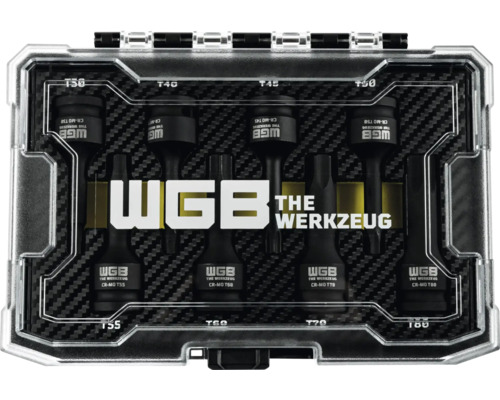 Jeu de 8 embouts Torx WGB The Werkzeug en acier chrome-molybdène dans un coffret en plastique.