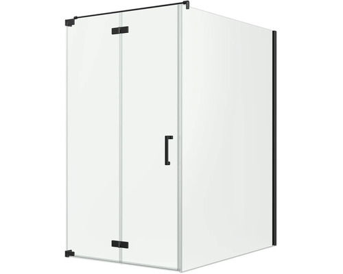 Cabine de douche composée d'une porte pivotante et d'une paroi latérale en verre transparent avec ferrures et poignée noir mat.