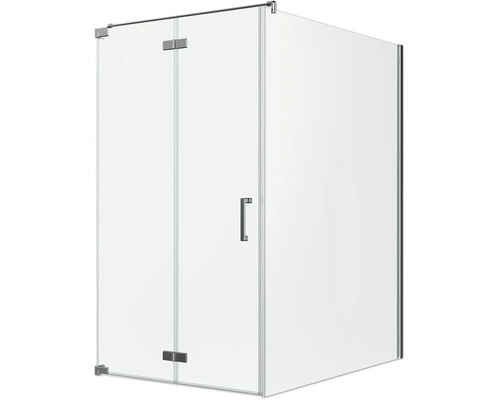 Cabine de douche d'angle sans cadre en verre transparent, avec charnières chromées et poignée moderne.