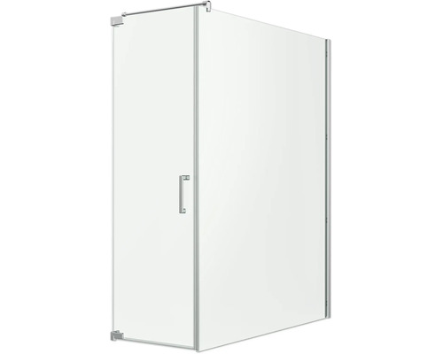 Cabine de douche en verre transparent avec ferrures chromées et poignée verticale.