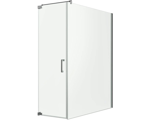 Cabine de douche en verre transparent avec porte pivotante, poignée chromée et paroi latérale