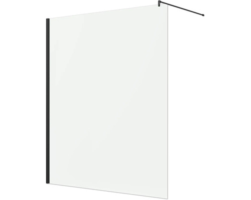 Walk-In-Duschwand aus klarem Glas mit schwarzem Wandprofil und Stabilisierungsstange.
