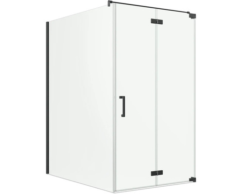 Cabine de douche d'angle en verre transparent avec ferrures, profilés et poignée de porte noir mat.