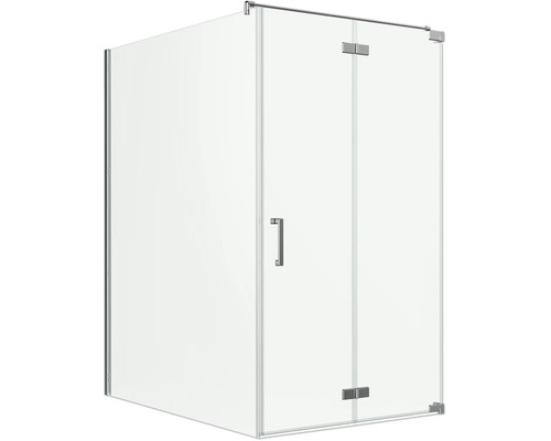 Cabine de douche en verre transparent avec porte pivotante, paroi latérale et ferrures chromées avec poignée.