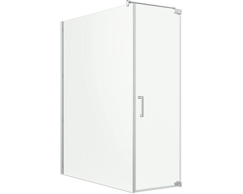 Cabine de douche en verre transparent avec profilés chromés et poignée verticale.