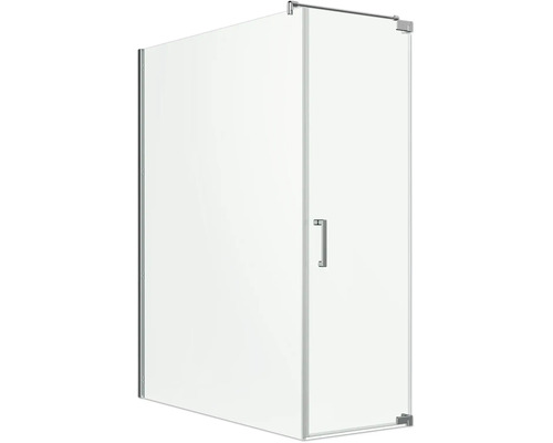 Cabine de douche en verre avec profilés chromés et une poignée verticale.