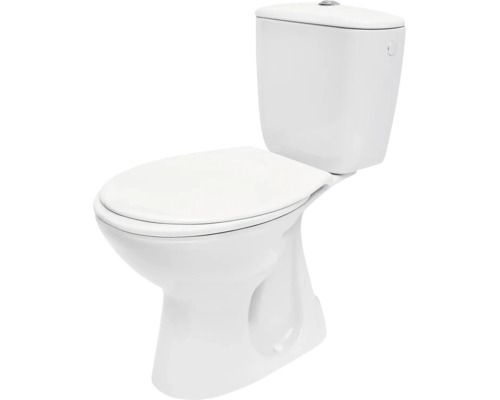 Stand-WC-Kombination aus weisser Keramik mit Spülkasten und geschlossenem WC-Sitz.