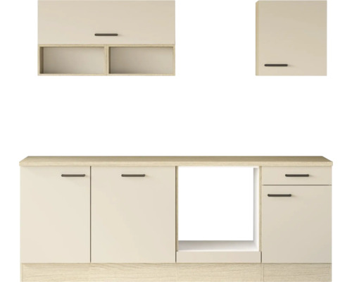 Cuisine équipée moderne avec éléments hauts, éléments bas et une niche pour appareils encastrables en décor bois clair.