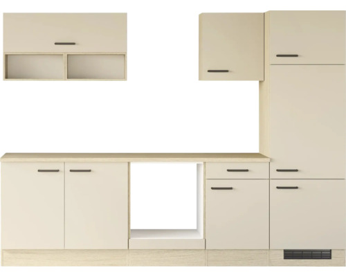 Cuisine équipée moderne avec placards hauts et bas incluant une niche pour appareils électroménagers au design épuré.