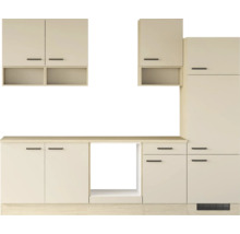 Cuisine équipée moderne avec meubles hauts, meubles bas et armoire colonne pour appareils encastrables au design minimaliste.