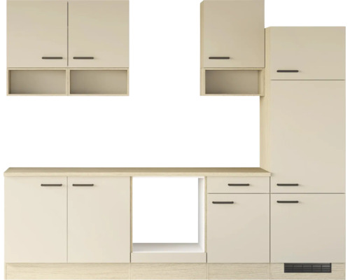 Cuisine équipée moderne avec meubles hauts, meubles bas et armoire colonne pour appareils encastrables au design minimaliste.