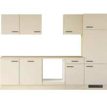 Cuisine équipée moderne avec placards hauts, placards bas et niche pour appareils électroménagers au design épuré.