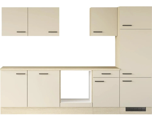 Cuisine équipée moderne avec placards hauts, placards bas et niche pour appareils électroménagers au design épuré.