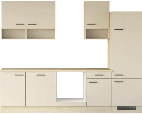Cuisine équipée moderne avec meubles hauts, meubles bas et une niche pour un appareil encastrable au design sobre.