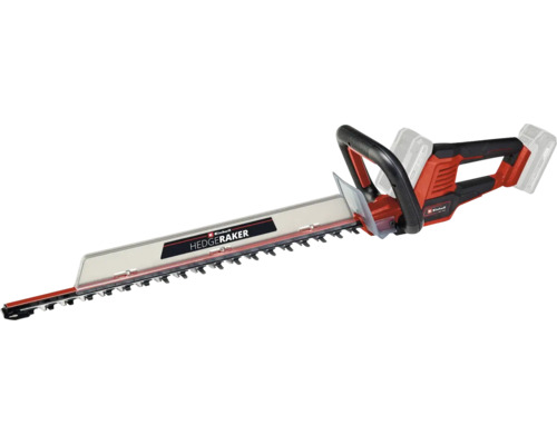 Taille-haie sans fil Einhell avec accessoire Hedgeraker, poignées ergonomiques et collecteur de déchets transparent.