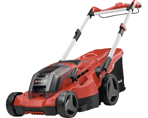 Einhell Akku Rasenmäher mit Fangkorb und höhenverstellbarem Holm für die Rasenpflege im Garten.