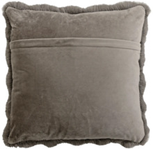 Dos d'un coussin décoratif carré en velours avec bordure en fausse fourrure et fermeture portefeuille.