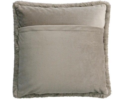 Verso d'un coussin décoratif carré avec fermeture portefeuille et bordure en fausse fourrure.