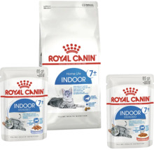 Royal Canin Indoor 7 plus Katzenfutter Auswahl aus einem Trockenfutterbeutel und zwei Nassfutterbeuteln für ältere Wohnungskatzen.