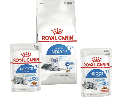 Royal Canin Indoor 7 plus Katzenfutter Auswahl aus einem Trockenfutterbeutel und zwei Nassfutterbeuteln für ältere Wohnungskatzen.