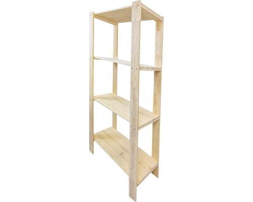 Étagère ouverte en bois avec quatre tablettes en bois massif non traité pour atelier ou rangement